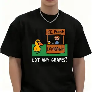 Men's Summer Casual T-Shirt, Humorous Duck Lemonade Cart Print "ICE FRESH Lemonade GOT ANY GRAPE?", Short Sleeve, Round Neck, Black, Comfortable Fit for Casual Attire, Everyday Tshirt