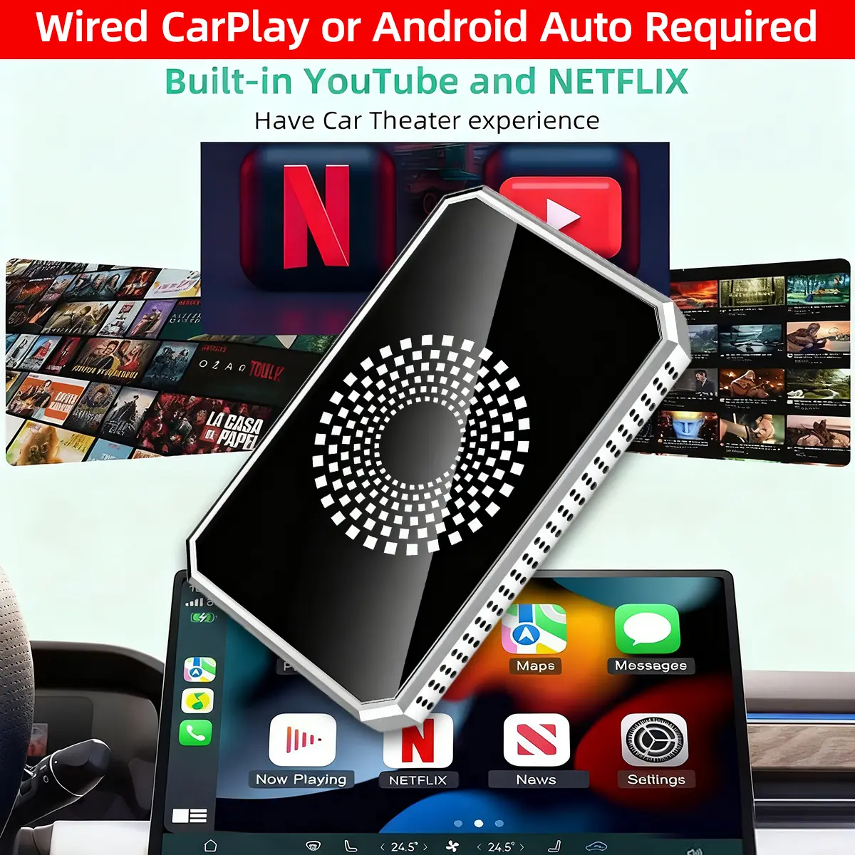 【Summervibes】Yurnlv Al Box: Stream Netflix/YouTube/TikTok/Google Play , 4-in-1 Wireless CarPlay & Android Auto Adapter for Factory Wired CarPlay Vehicles