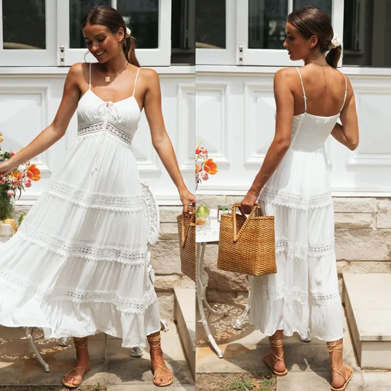 2025 women's suspender dress lace stitching large swing skirt