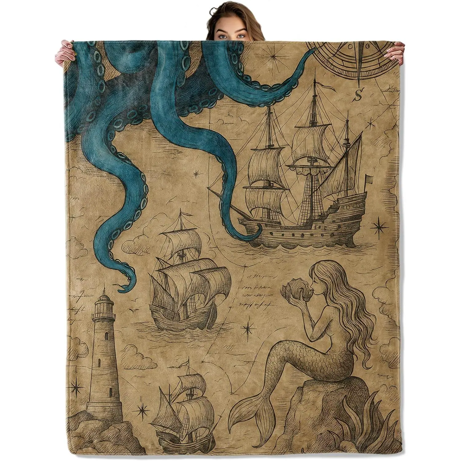 Vintage Nautical Octopus Mermaid Blanket 50x60 in, Flannel Throw Blankets for Travel Camping Sofa Living Room Decor, Lightweight Cozy Soft Fuzzy Gifts for Women Adults Kids