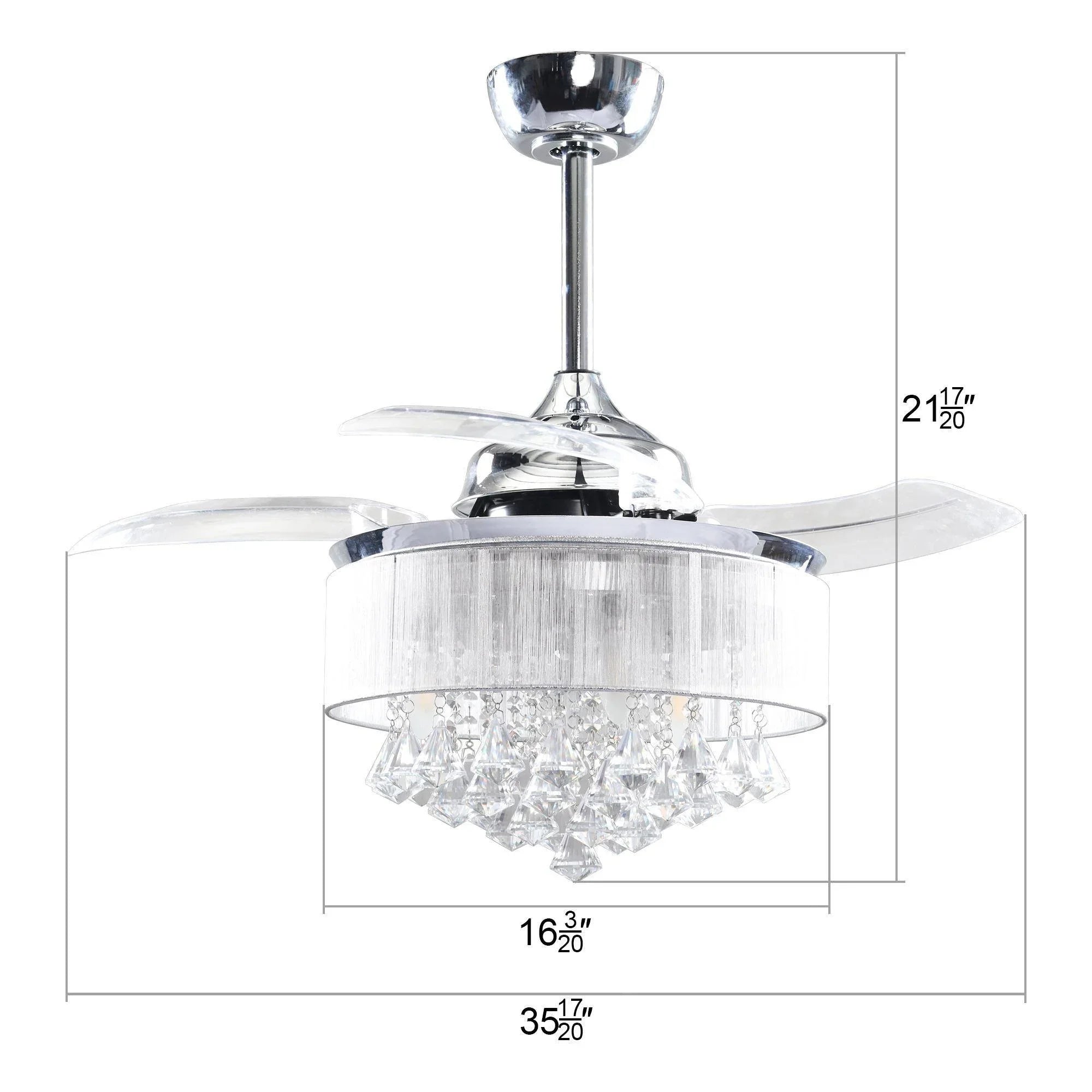 36" Bangaiore Modern Crystal Ceiling Fan, Downrod Mount with LED Light & Remote Control