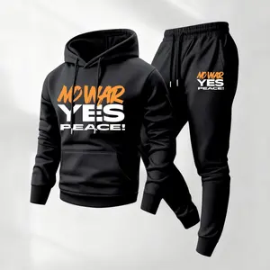Men's 2-Piece Polyester Tracksuit - NoWarYesPeace Print, Loose-Fitting Soft Fabric, Longsleeves Drawstring Hoodie & Sweatpants, Casual Athletic Athleisure for Fall Winter Daily Use