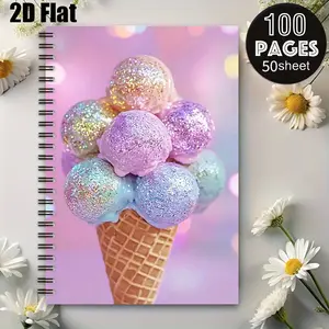 1 Spiral Coil Notebook 5.7x8.26 inch, Glitter Ice Cream Design, Durable Binding, Perfect for Daily Journaling, Travel Notes, Back to School Supplies, Birthday Gift for Girls, Summer Vacation Memory Book, Kawaii Stationery for Kids and Teens [2D]