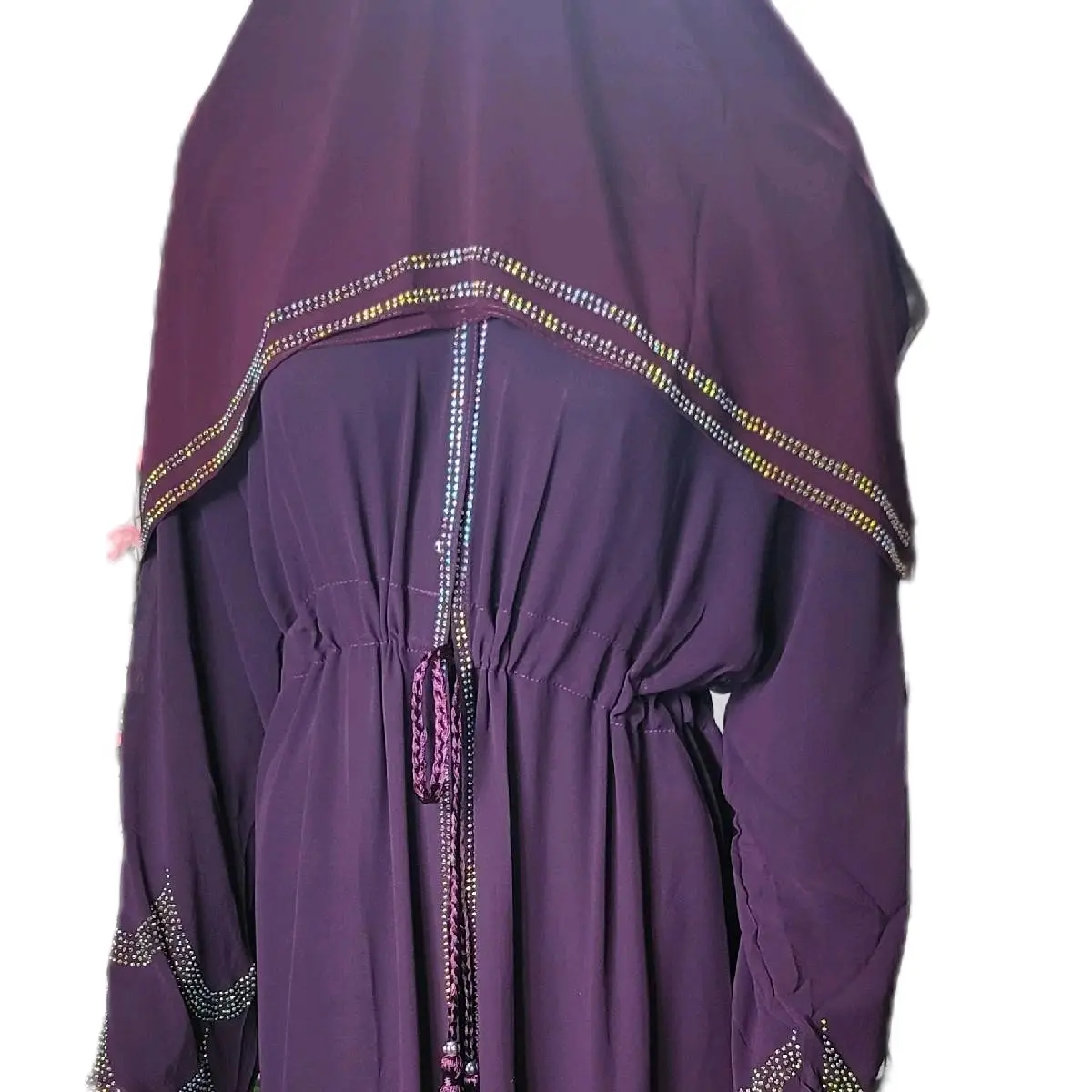 Purple Rhinestone Embellished Dubai Abaya Set with Headscarf and Belt - High Quality Chiffon and Nidah Material - Muslim Fashion Women's Islamic Clothing