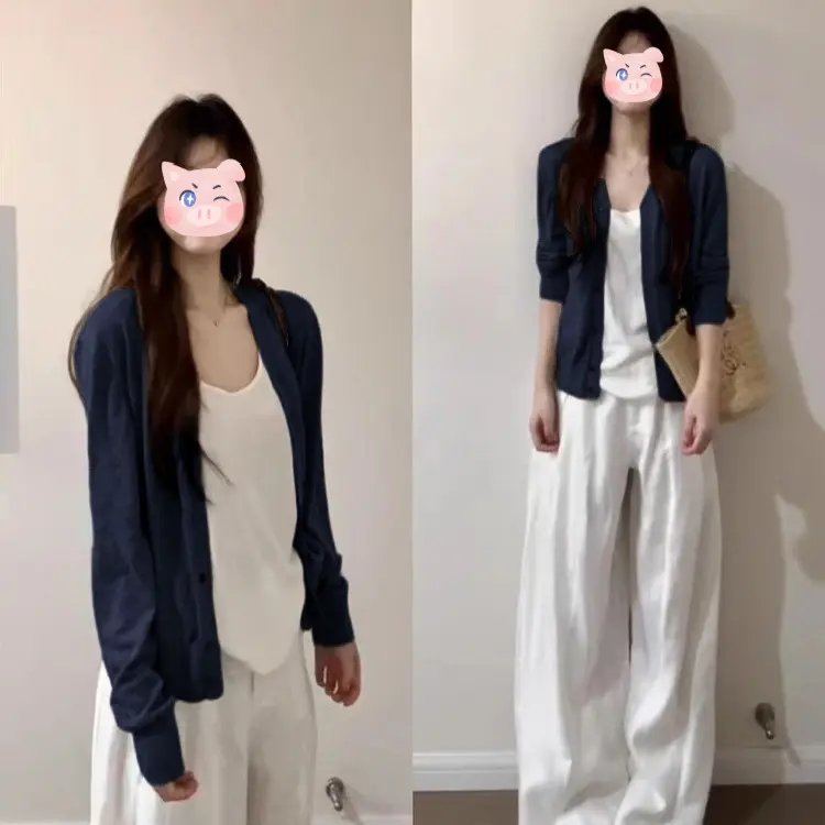 Navy Blue Sun Protection Cardigan for Women Summer 2025 New Style Thin Sheer Top with Strap Cool Air Conditioning Shirt Outerwear