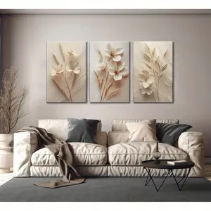 Beige Floral Pattern Wooden Frame Canvas Painting, 3-Piece Modern Art Wall Decoration, Home Living Room Bedroom Office Decorative Painting