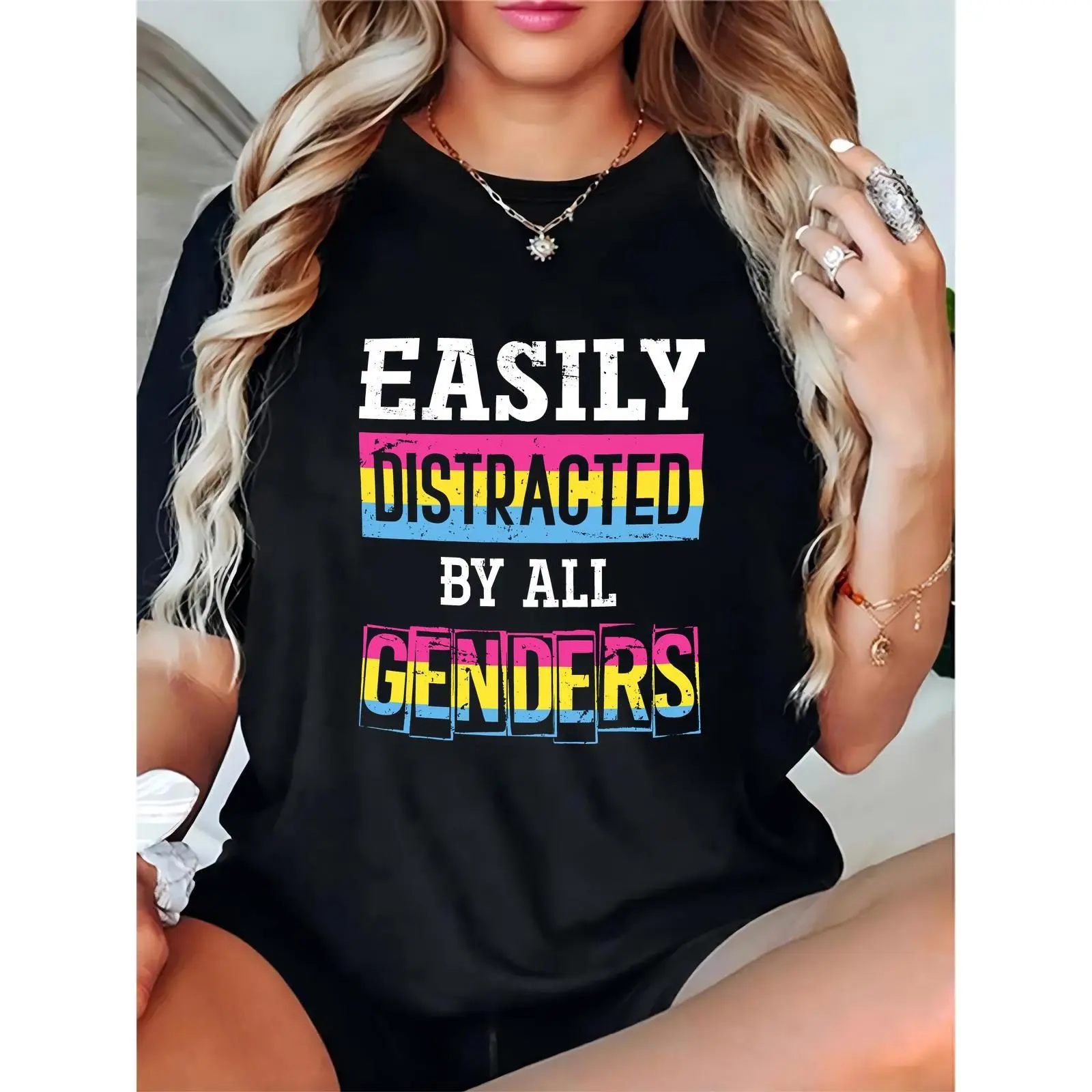 Women’s Black Pansexual Pride T-Shirt | “Easily Distracted By All Genders” Text, LGBTQ+ Pride Month, Casual Daily Party Outfit