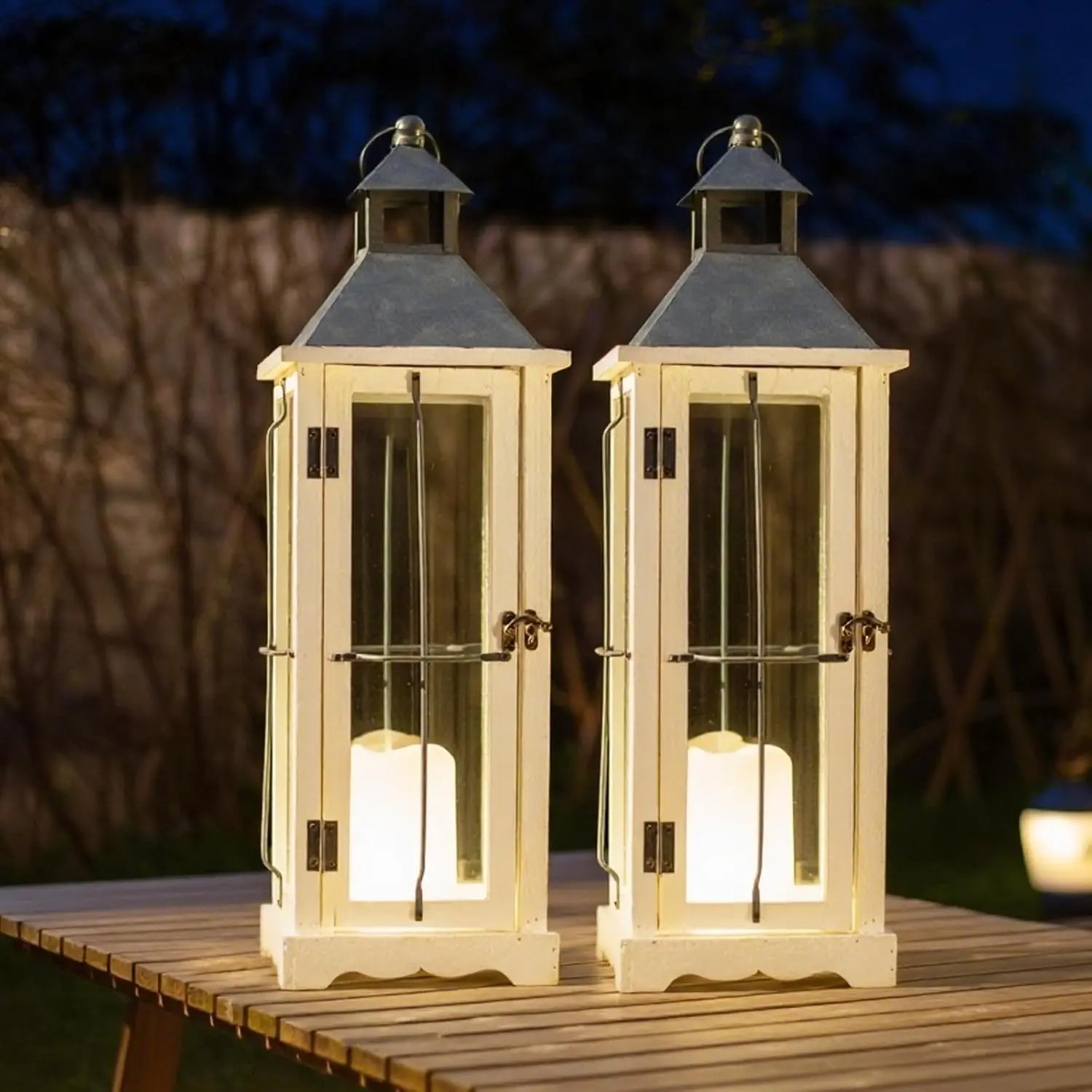 2 Pack 26in Farmhouse White   Metal Decorative Lanterns with Remote Control, Timer, Tempered Glass, Flameless Pillar Candles, Decorative Lanterns for Home Decor, Front Porch, Wedding