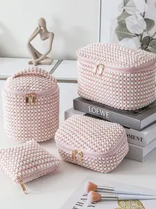 Pink and white plaid waffle makeup bag, cute portable makeup storage bag with handle, large capacity women's gold zipper travel toiletry bag