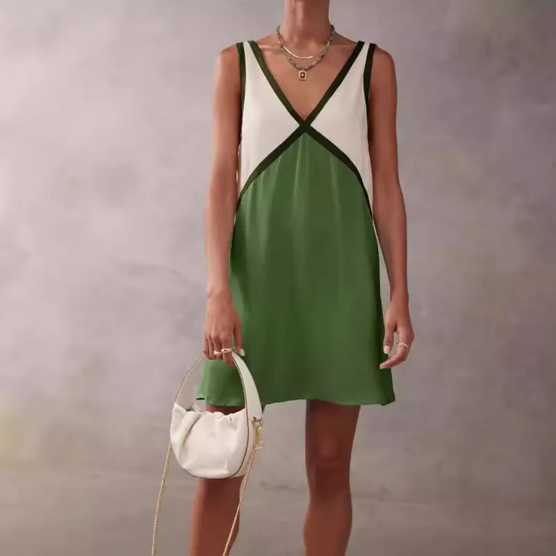 Women's New Summer V-Neck Loose Sleeveless Color-Blocked Short Dress - Comfortable Cute Fabric Fit Everyday Casual Beach Dress