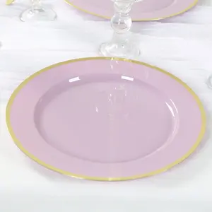 10-Pack Economy Plastic Round Charger Plates 12" in Lavender Lilac with Wide Gold Rim, Decorative Dinner Party Serving Plates