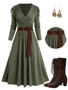 Women's 2025 Green Dresses Cinched Ruched Surplice Plunge Belted Midi Dress Solid Color High Waist Long Sleeve Dress V Neck High Waist A Line Wrap Dresses Casual Fabric