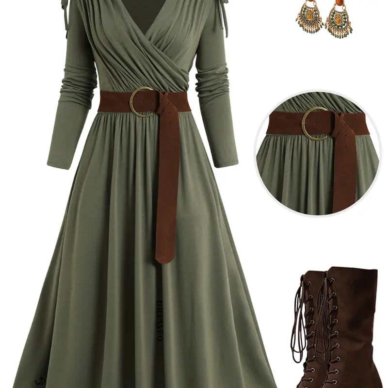 Women's 2025 Green Dresses Cinched Ruched Surplice Plunge Belted Midi Dress Solid Color High Waist Long Sleeve Dress V Neck High Waist A Line Wrap Dresses Casual Fabric