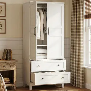 GAOMON Armoire Wardrobe Closet with 2 Drawers, 72" Tall Wooden Clothing Wardrobe with Hanging Rod & DIY Adjustable Shelf, Heavy Duty Bedroom Armoire Storage Cabinet with Doors, Rustic White