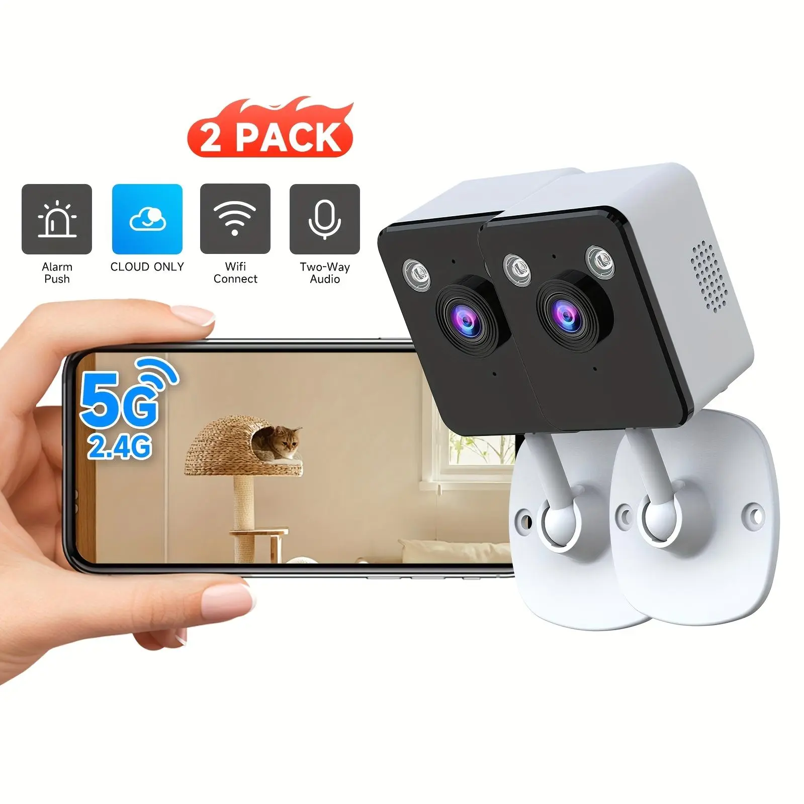2pcs Cloud Wireless Surveillance Camera, Full-Color Night Vision, Two-Way Voice CallMotion Detection, Built-in AP Hotspot, WiFi Cameras for Home Security
