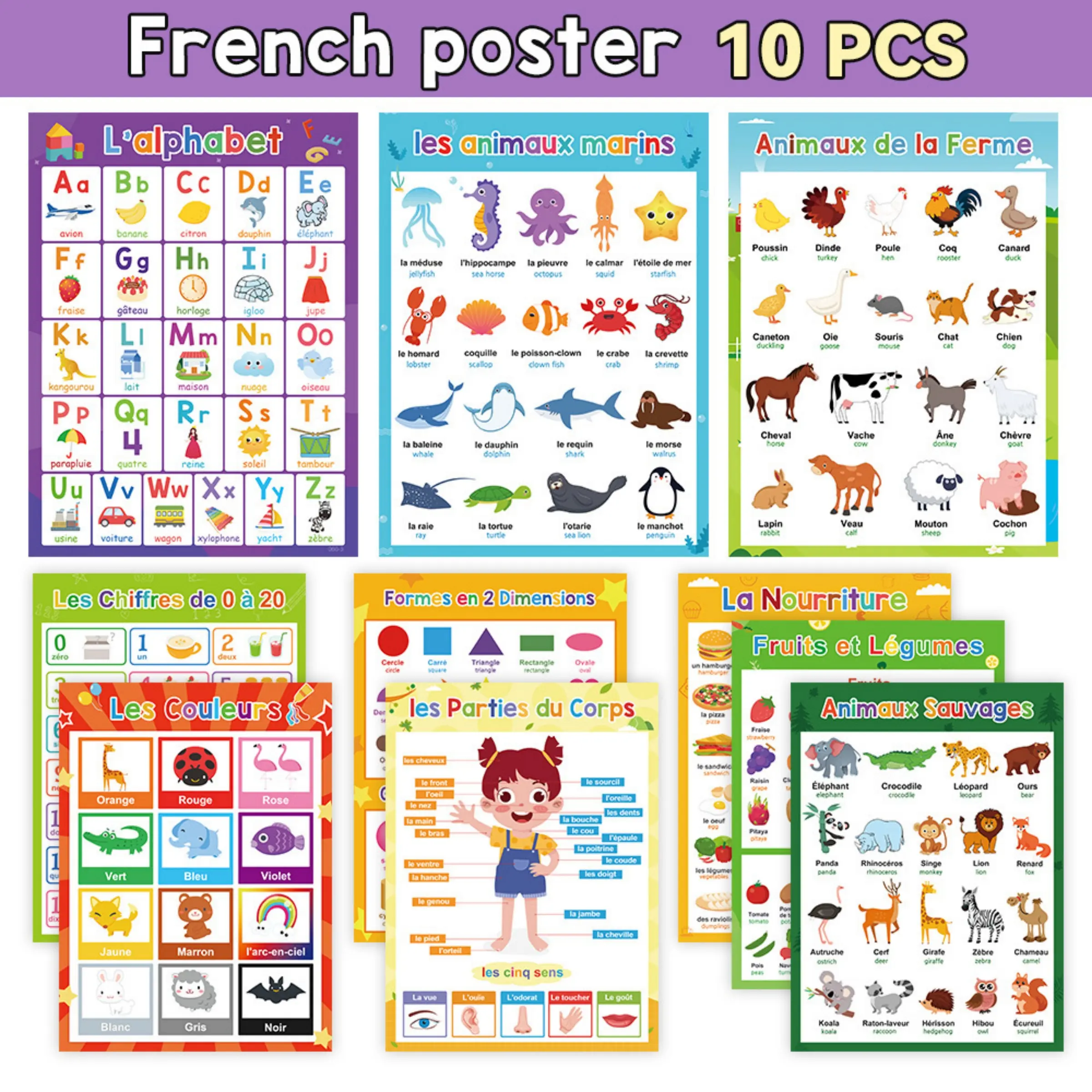 10-Piece French Learning Poster Set, Alphabet & Animal & Fruit Learning Charts, Educational Preschool Learning Materials Learning Tool Classroom Decoration Homeschool Supplies for Kids