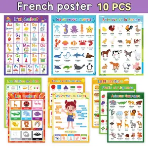 10-Piece French Learning Poster Set, Alphabet & Animal & Fruit Learning Charts, Educational Preschool Learning Materials Learning Tool Classroom Decoration Homeschool Supplies for Kids