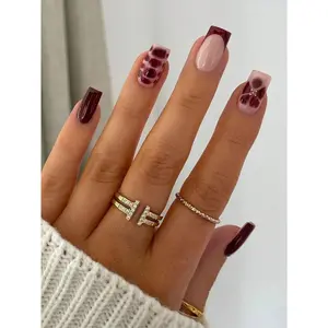 Square Claret Tip French Press-On Nails – 24pcs Set