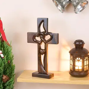 Hand-Carved Wooden Heart Cross – Religious Wall Hanging with Interlocking Hearts| Handmade Christian Decor Gift for Weddings, Anniversaries & Home