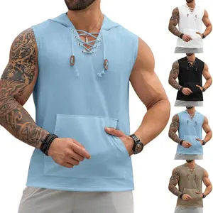 Men's Cotton-Polyester Slim-Fit Short-Length Hooded Waistcoat, Sleeveless Activewear Gilet with Straps, Buttons, Lace-Up, Pocket, Decoration, Solid Color, Light Casual Pullover Tops (Khaki, Multi-Size)