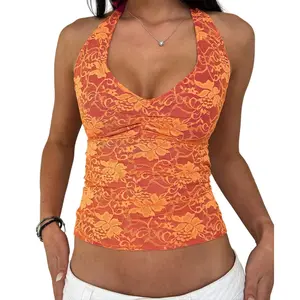 Women's Lace Halter Tank Tops Sleeveless Deep V-Neck BacklessFit Vest Streetwear