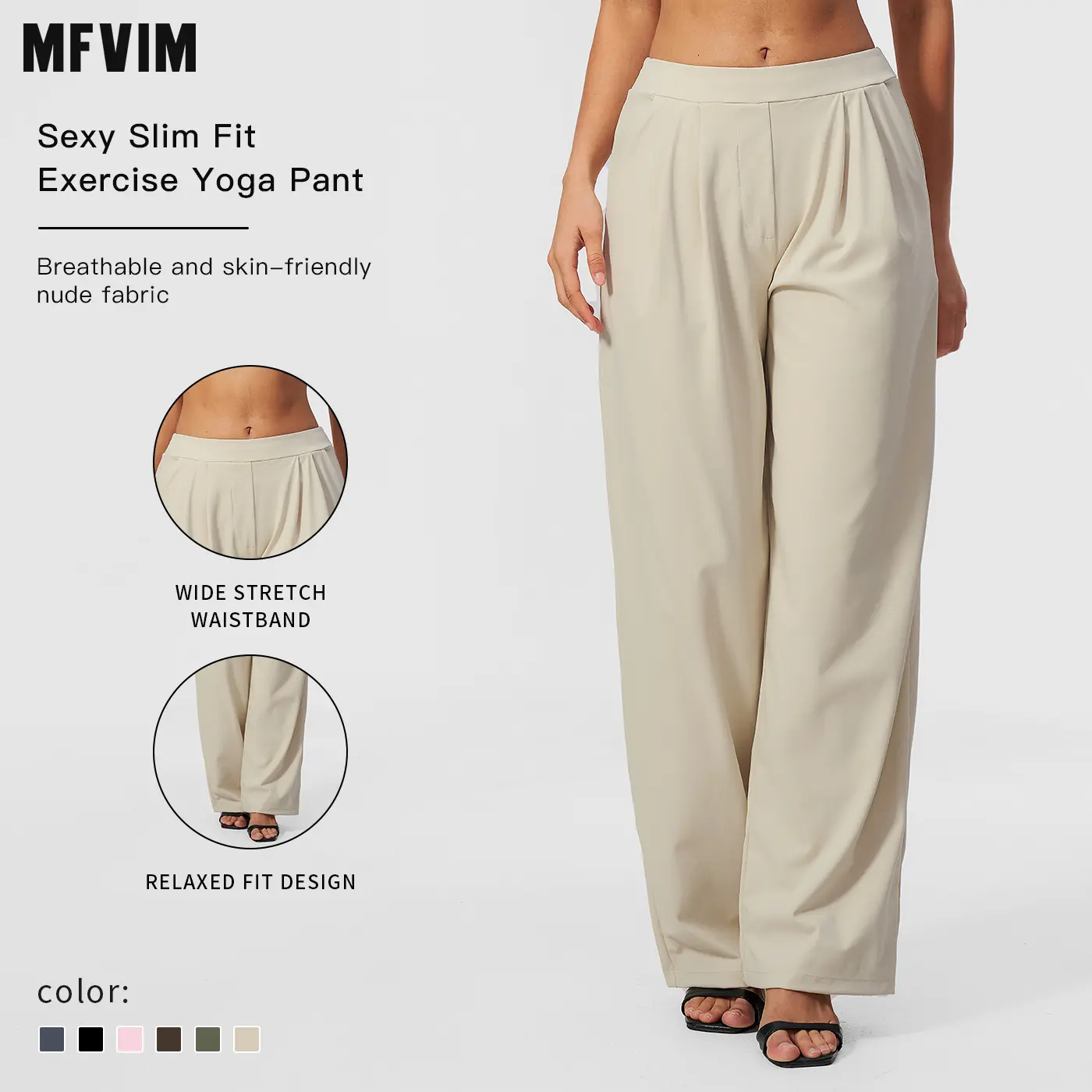MFVIM women’s “bare-feel” fabric wide-leg yoga pants with a wide elastic waistband, fluid drape, and relaxed fit—long athletic casual trousers