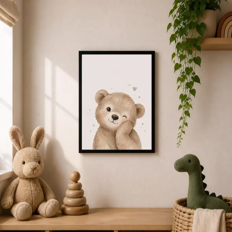 Cute Wall Art, Neutral Animal Nursery Poster for Baby Bedroom Kids Room Playroom Decor