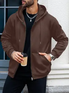Men's lightweight regular-fit long-sleeved plain-colour basic hooded jacket with pockets and zip fastening, suitable for casual wear, sports, running, outdoor activities, and spring and autumn seasons.