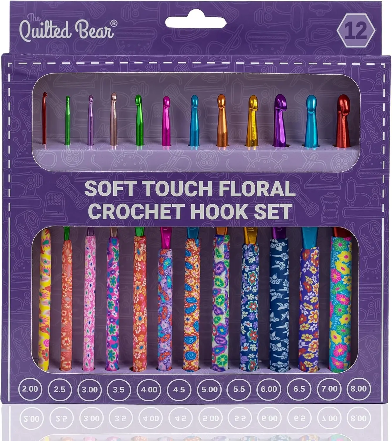 The Quilted Bear Soft Touch Floral Crochet Hook Set, 12 Ergonomic Hooks | Smooth Polymer Clay Handles, Polished Aluminum Hooks, 12 Sizes 2mm to 8mm, Comfortable Grip, Lightweight, Snag-Free Finish Gift