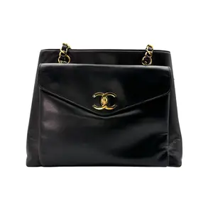 Pre-owned CHANEL Lambskin Shoulder Bags Vintage Black Front Envelope Flap Bag With Gold Plated Hardware(31***21)