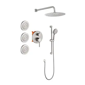 4PC3 Exbrite Shower System with Shower Head, Hand Shower, Slide Bar, Bodysprays, Shower Arm, Hose, Valve Trim, and Lever Handles,Brushed Nickel