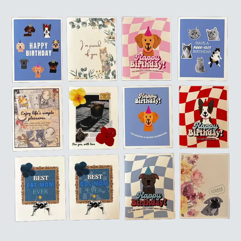 12 Pack - Cute Unique Dogs and Cats Greeting Cards with "Happy Birthday, Motivational" Design - Vibrant Blue Background & 1 Card & 1 Envelope Favorite Person