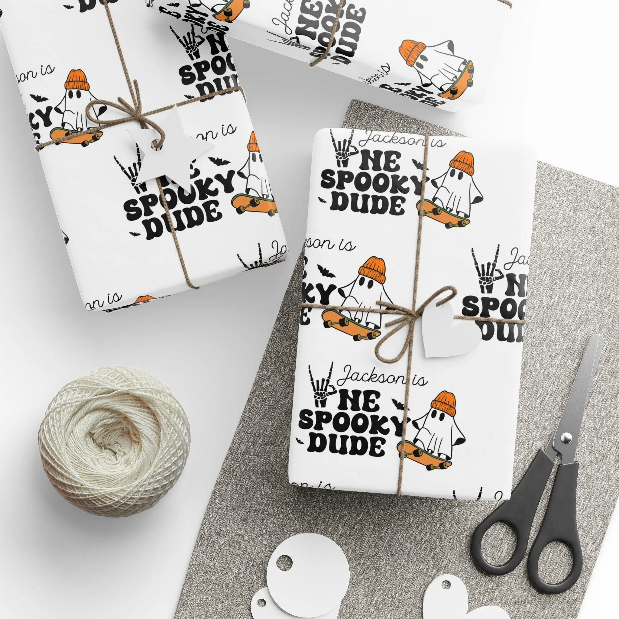 Personalized One Spooky Dude Wrapping Paper, Custom Name Halloween Birthday Gift Wrap, Cute Ghost Skateboard Wrap, Kids Birthday Party Paper
