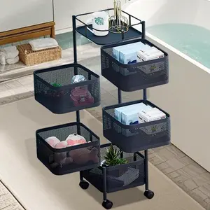 5-Tier Kitchen Storage Cart, Fruit and Vegetable Basket Rotating Storage Rack, Rolling Snack Cart, Metal Rolling Carts with Wheels for Snack, Balck Hollow Organiser