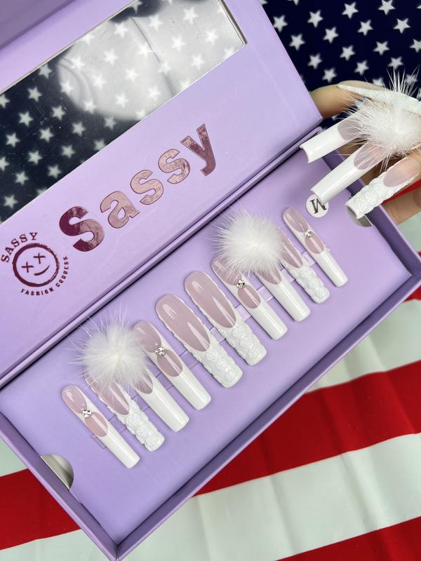 SASSY NAILSHOP longsquare 10 PCS (Length:2.2 inches) hand pressed on nails Nightclub nails for girlfriend  gift Acrylic Nail Art Nails New Collection, French New Pink White Glitter Bright Kiss Nails Acrylic Kit, Beauty Secrets Nail
