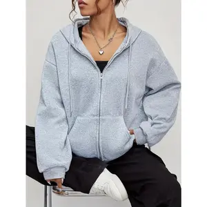 Women's Casual Solid Color Zip-Up Hoodie Jacket, Streetwear Style, Sporty Look, With Pockets And Hood -fashional Design