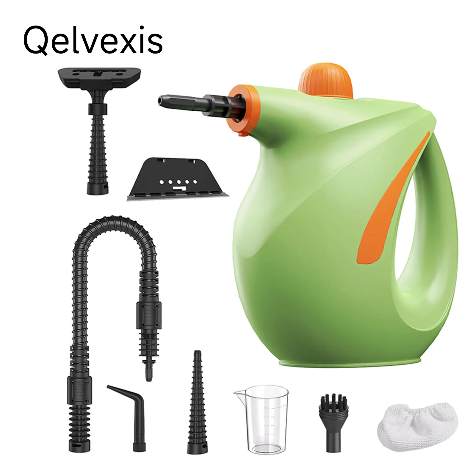 Qelvexis Pressurized Handheld Multi-Surface Natural Steam Cleaner with 8 Accessories, Cord, Measuring Cup, Window Squeegee, Safety Locks, Non-Toxic, Chemical-Free Tool for Home, Car Cleaning, Powerful