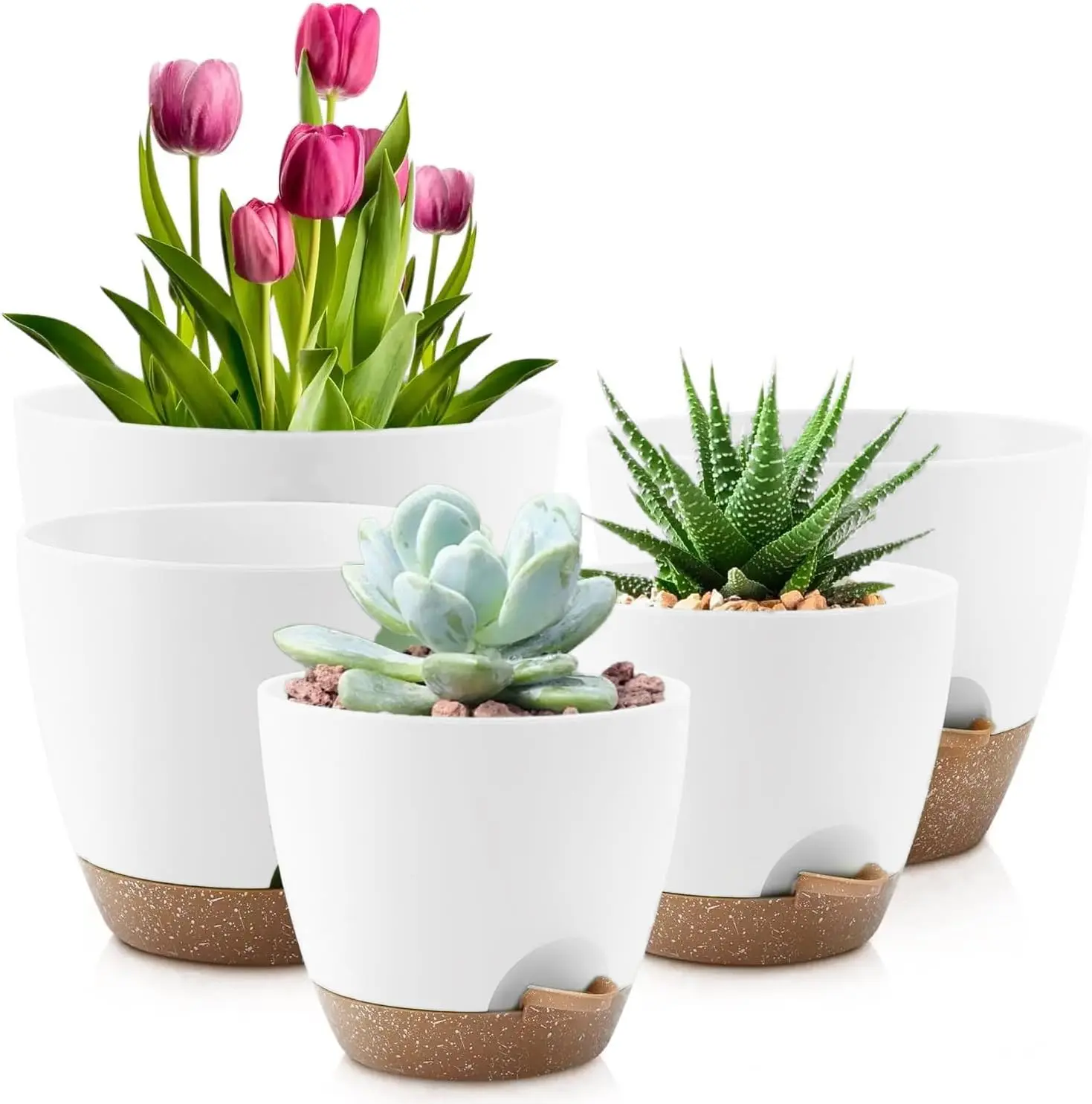 Carbonfree Certified Plant Pot Set (5-Pack), Durable Plastic Self-Watering Planters (7/6.5/6/5.5/5 In) for Houseplants, Succulents, White Flower Pots & Planters, Ideal Gift for Lazy Gardeners, Indoor Or Outdoor Planting