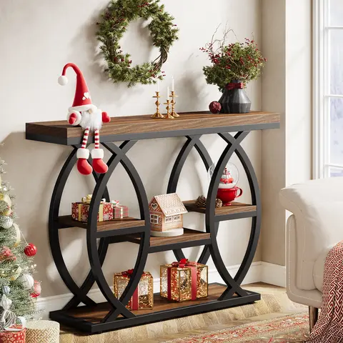 LITTLE TREE 39.4" Console Table, Industrial 4-Tier Sofa Table Entryway Table with Storage Shelves, Narrow Wood Accent Tables with Metal Frame for Small Spaces, Hallway, Foyer