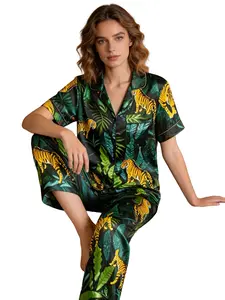Two-Piece Jungle Tiger Print Pajama Set for Women, Open Front Short Sleeve Long Pants, Vintage Style Casual Home Wear Loungewear