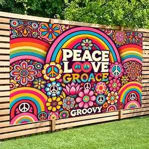 Groovy Peace Vibes 244x183cm Polyester Wall Banner Colorful Hippie Art Style with Flowers Rainbows & PEACE LOVE GROOVY Design Ideal for Living Room Bedroom Office Outdoor Decor Perfect for Parties Holiday Gifts Front Door Ornaments
