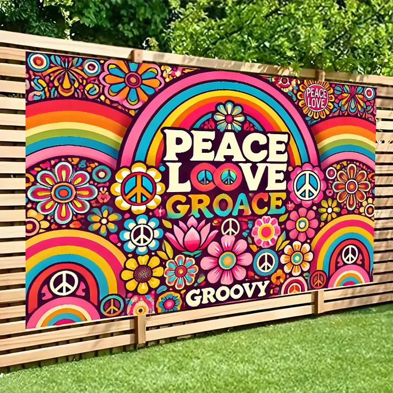 Polyester Wall Banner (244x183cm) - Colorful Large-Size Groovy Hippie Art with Flower Prints, Rainbows, Peace & Love Designs, Party Decorations Banners, Living Room Decor, Holiday Gift,summerwins