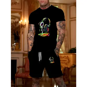 Colorful Headphone men's 2 piece set Outfit Menswear Matching Set Short Sleeve T Shirt Suits for Daily Style, Running, Travel or Street Fashion Casual Clothes for Men