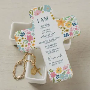 Floral Holy Name Personalized Cross Box | Custom Ceramic Keepsake Gift for Baptism, First Communion, Confirmation, or Christening