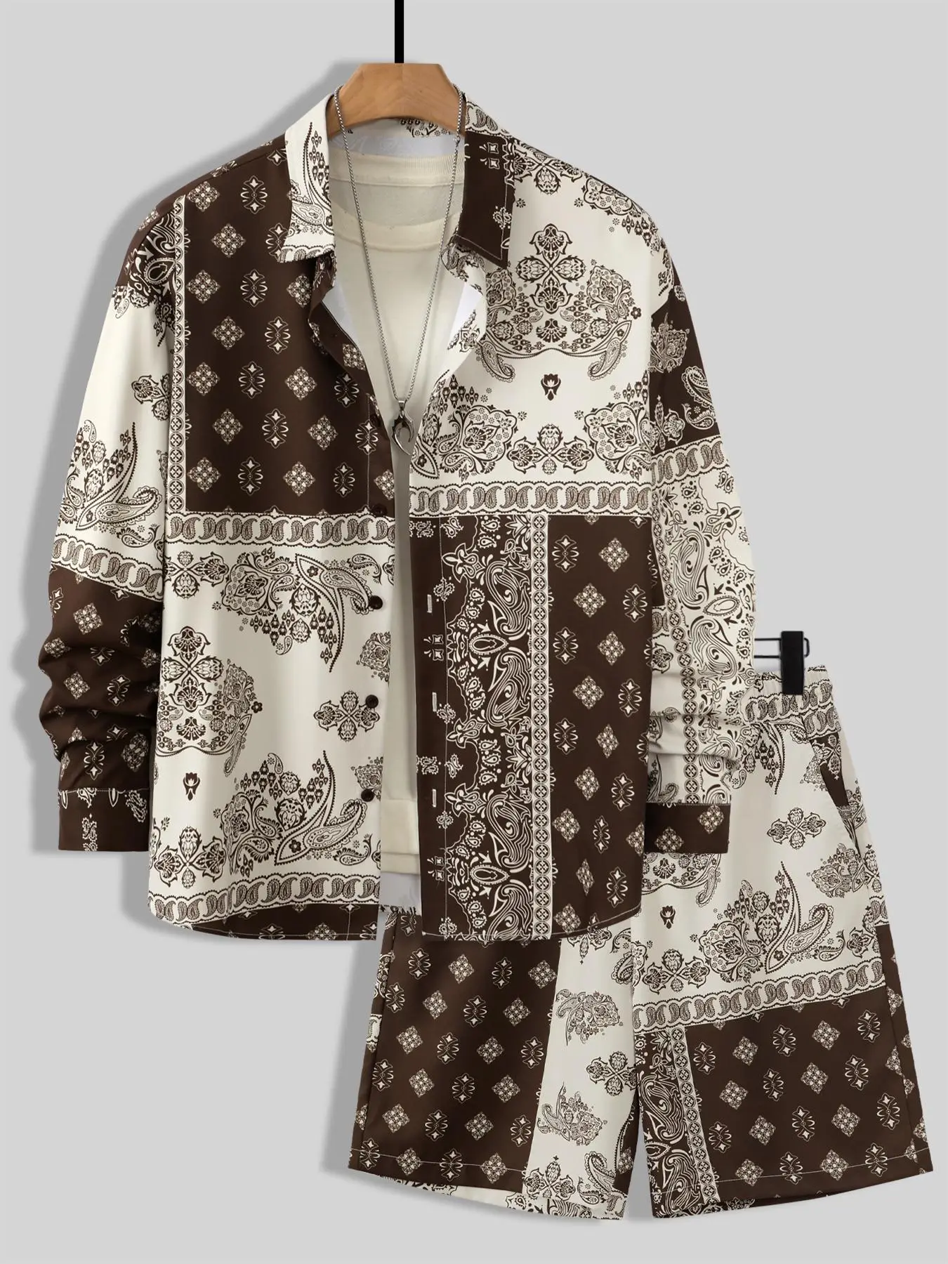 Two-Piece Set Men's Ethnic Pattern Outfits, Boho Button Front Long Sleeve Shirt & Drawstring Shorts, Men Vintage Outfits for Summer