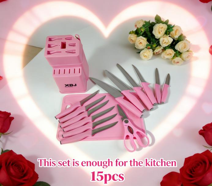 GalentinesDay15Pcs  Knife Set With Solid Wood & Plastic Knife Block, Japanese-Style Knife, Meat/Vegetable Knife, Chicken Bone Knife & German-Style Steak Knife. Multi-Color Stainless Steel, Practical for Home Use & Ideal as a Gift.   Modern Utensils