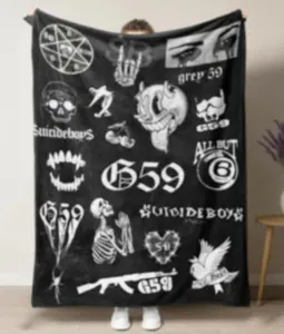 Soft Gothic Style Records Collage Fleece Blanket - Hip Hop Rap Themed Cozy Throw with Iconic  Graphics, Perfect for Fans, Couch, Bed,Home Decor and Gift