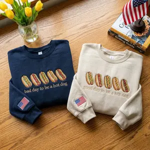 Embroidered Hot Dog Sweatshirt, Retro Funny Graphic Tee, USA Flag Detail