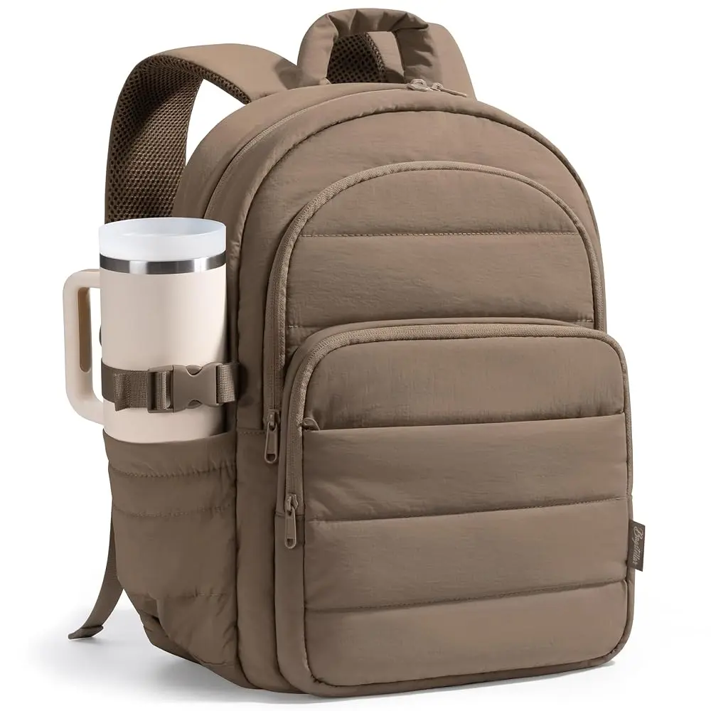 Bagstellar Puffer Travel Backpack for Women, Waterproof Laptop Bookbag w/Double Zipper, Giant Tumbler Holder, 15.6“ Computer Back Pack for Nurse Teacher Work College Office Business Ladies