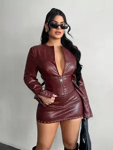 SXY Women’s Y2K Rivet Decor Low Waist Faux Leather Mini Skirt Burgundy Brown for Club Outfits